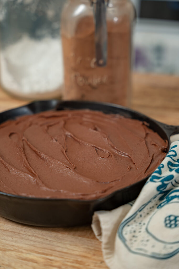 A frosted chocolate wacky cake in a cast iron skillet.