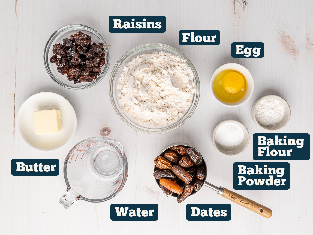 Ingredients labeled to make homemade date bread.