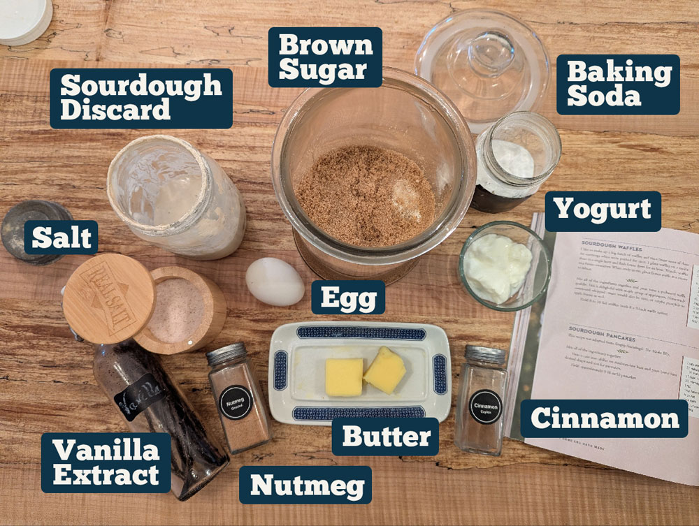 Ingredients for making sourdough discard pancakes.