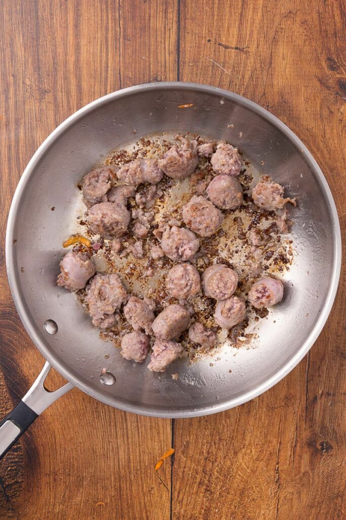 Browned sausage ready to add to the pot of traditional Ukranian borscht.