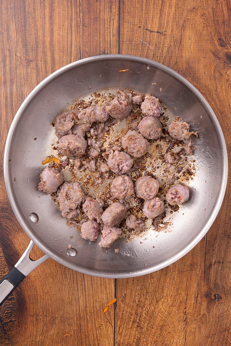 Browned sausage ready to add to the pot of traditional Ukranian borscht.