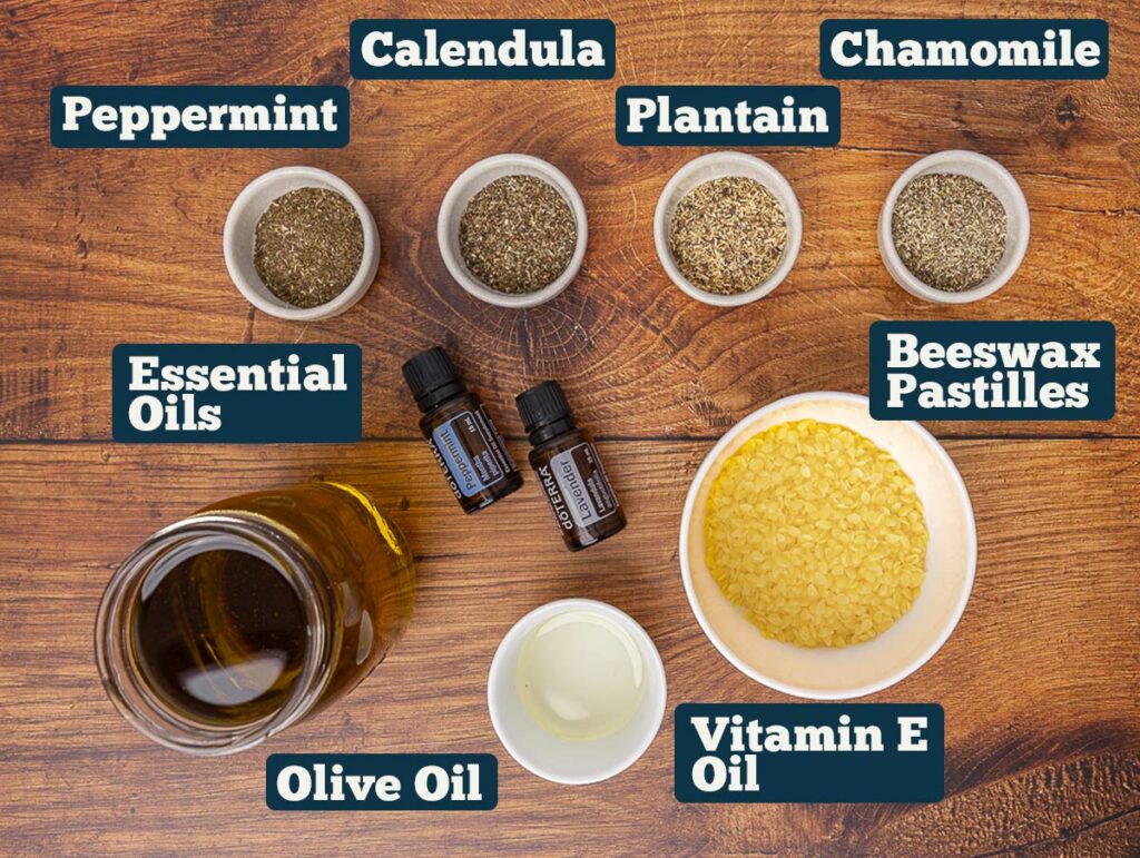Birdseye view of herbal salve ingredients; peppermint, calendula, plantain, chamomile, beeswax, vitamin E oil, olive oil, and essential oils.