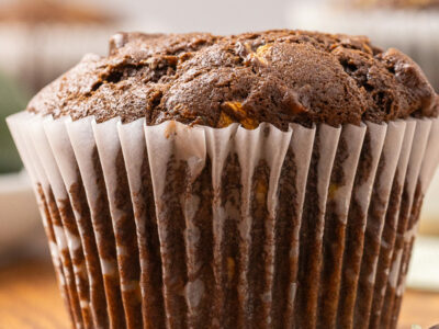 Close up shot of a double chocolate zucchini muffin.