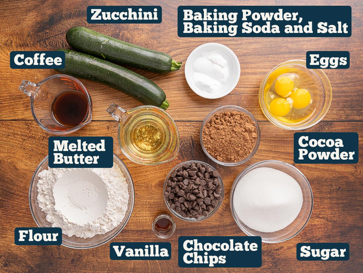 Double chocolate muffin ingredients: zucchini, baking powder, baking soda, salt, eggs, vanilla, melted butter, cocoa powder, vanilla, sugar and chocolate chips.