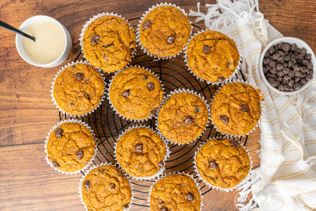 Baked pumpkin chocolate chip muffins on a cooling rack.