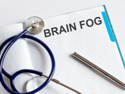 A notebook with "Brain Fog" written on it.