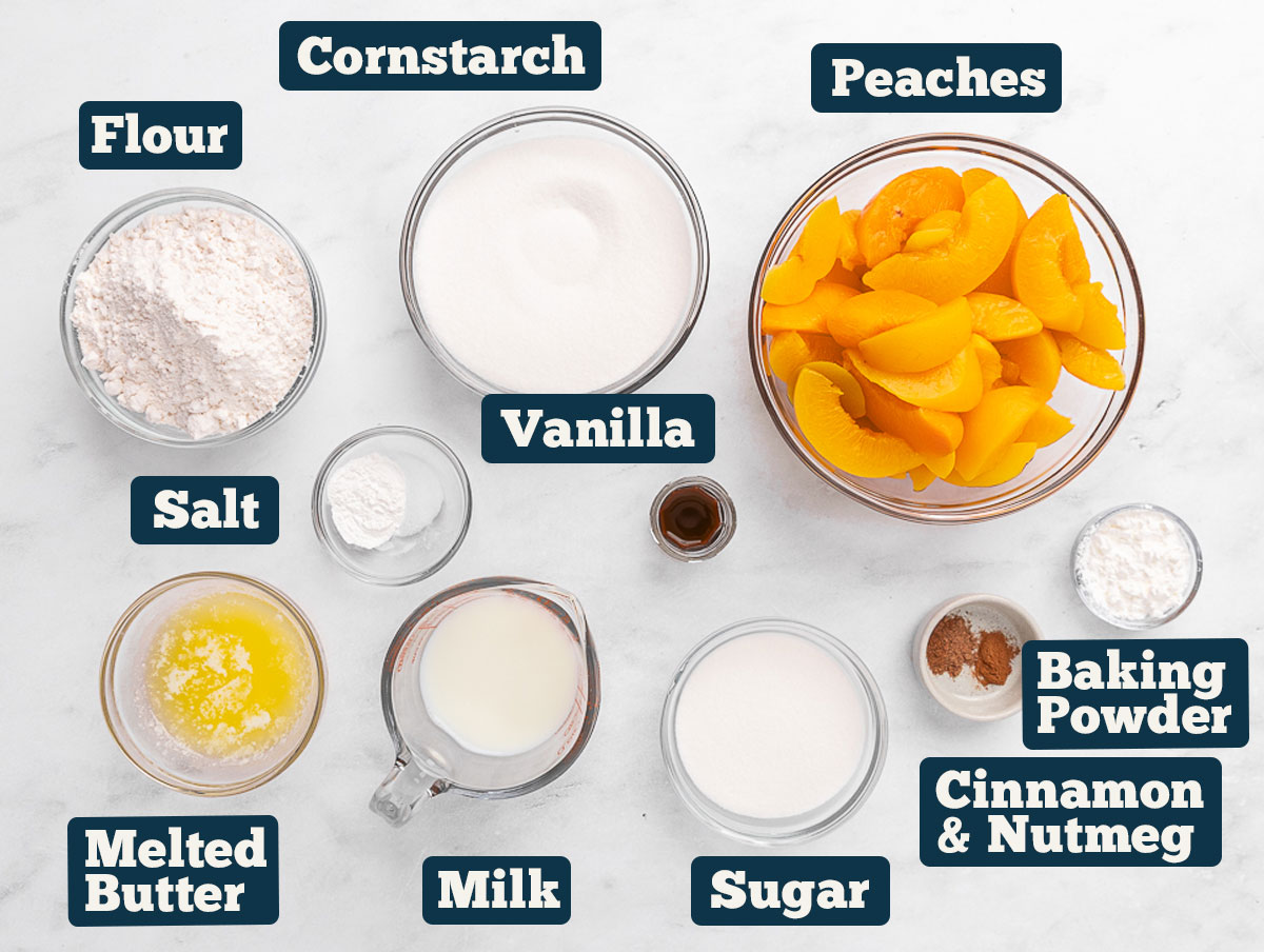 Ingredients for peach cobbler with labels.
