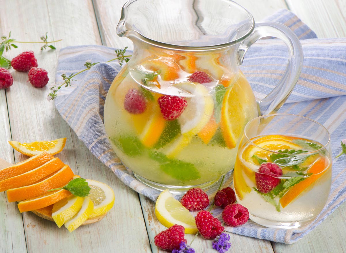 Fruit infused water in a pitcher.