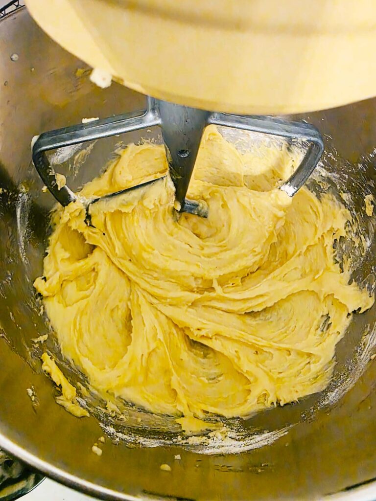 Shortcake batter being mixed in a stand mixer.
