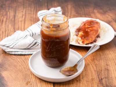 Homemade BBQ sauce in a Mason jar.