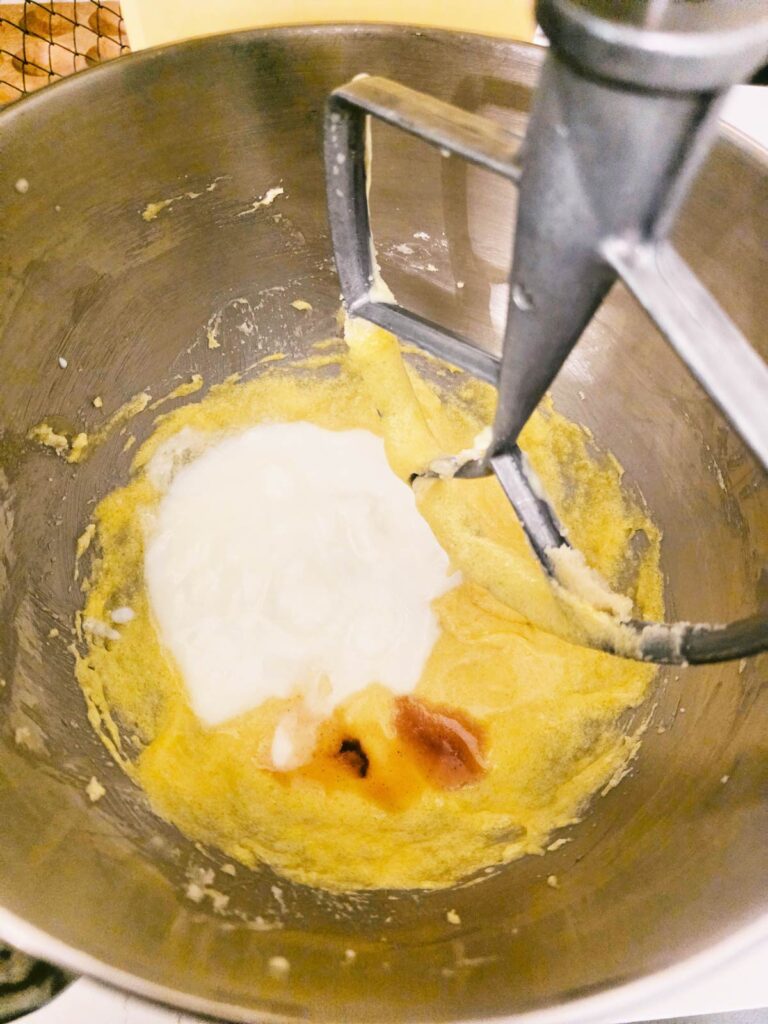 Shortcake batter being mixed in a stand mixer.