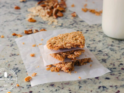 Granola bars stacked on the counter.