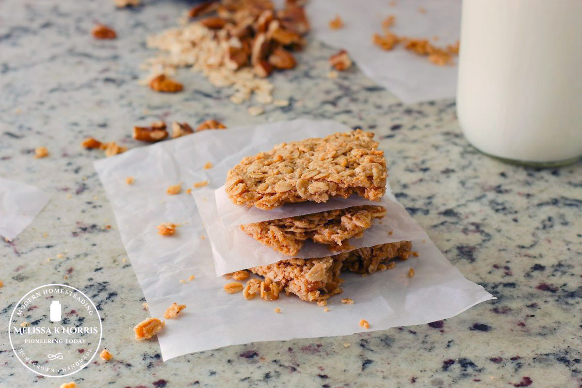 Granola bars stacked on the counter.