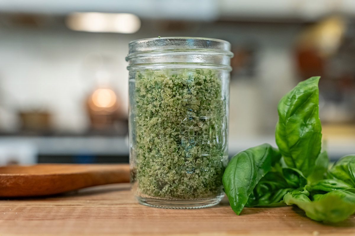 Basil salt in a jar.
