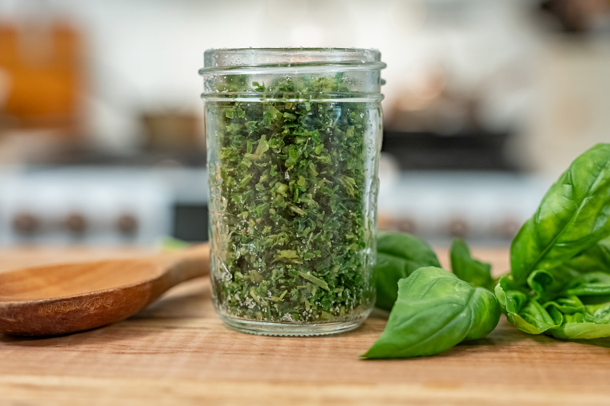 Basil salt in a jar.