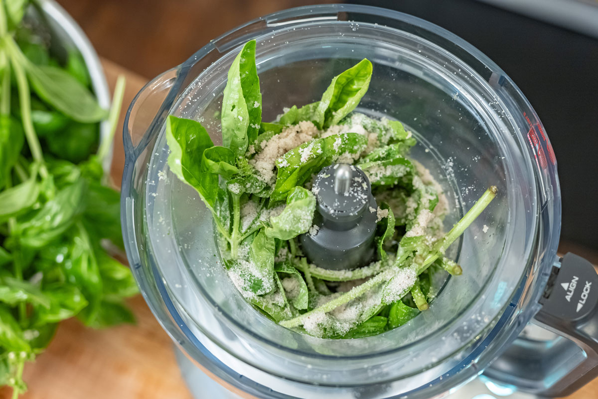 Basil salt blended in a food processor.
