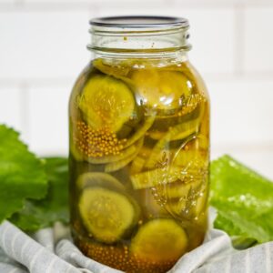 A jar of home-canned bread and butter pickles.