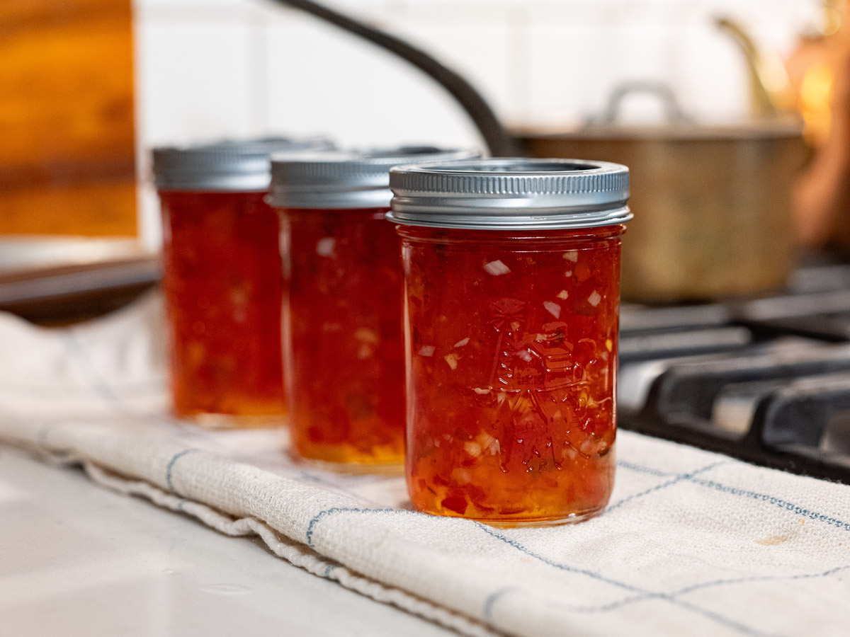 Red pepper jelly in jars.