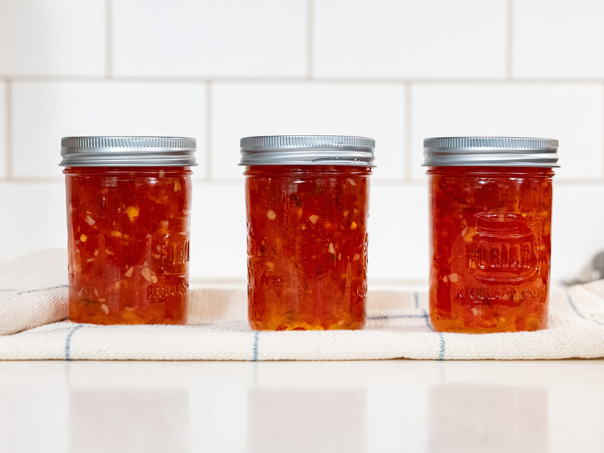 Red pepper jelly in jars.