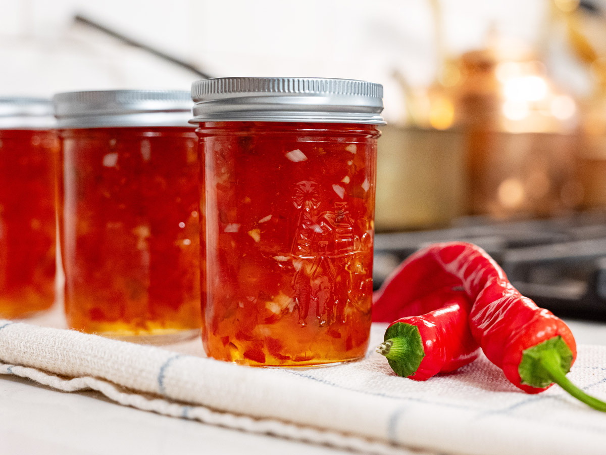 Red pepper jelly in jars.