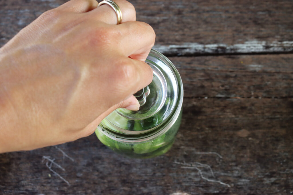 A hand placing a fermentation weight on top of a jar full of fermented pickles.