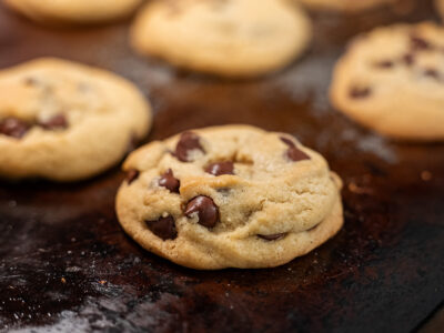 Chocolate chip cookies on a baking tray.