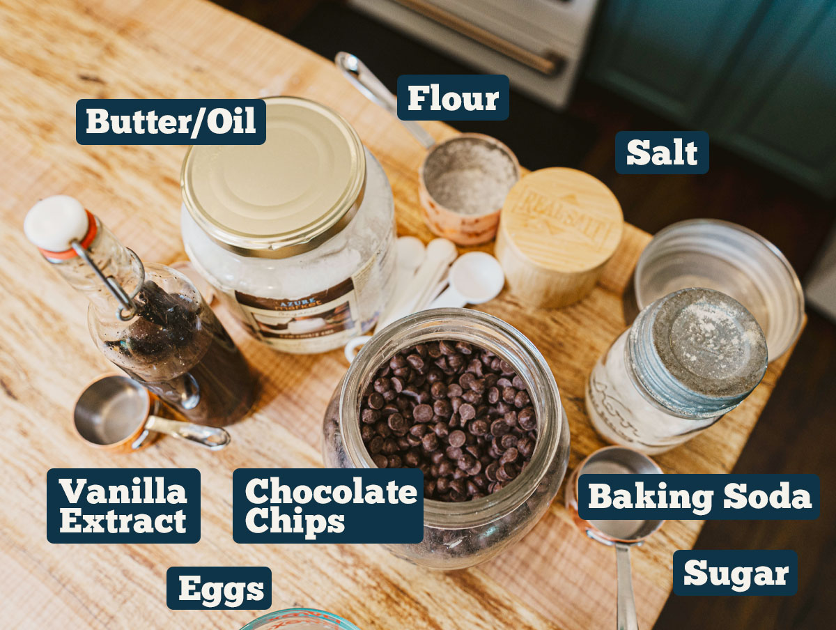 Ingredients for homemade chocolate chip cookies.