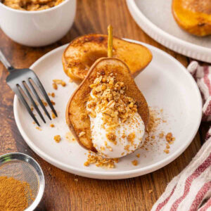 Maple Vanilla Baked Pears on a plate.