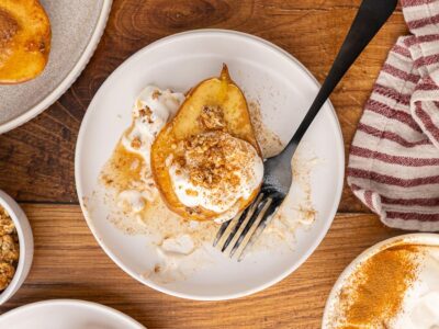Maple Vanilla Baked Pears on a plate.