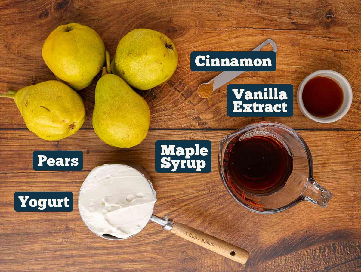 Ingredients for maple vanilla baked pears.