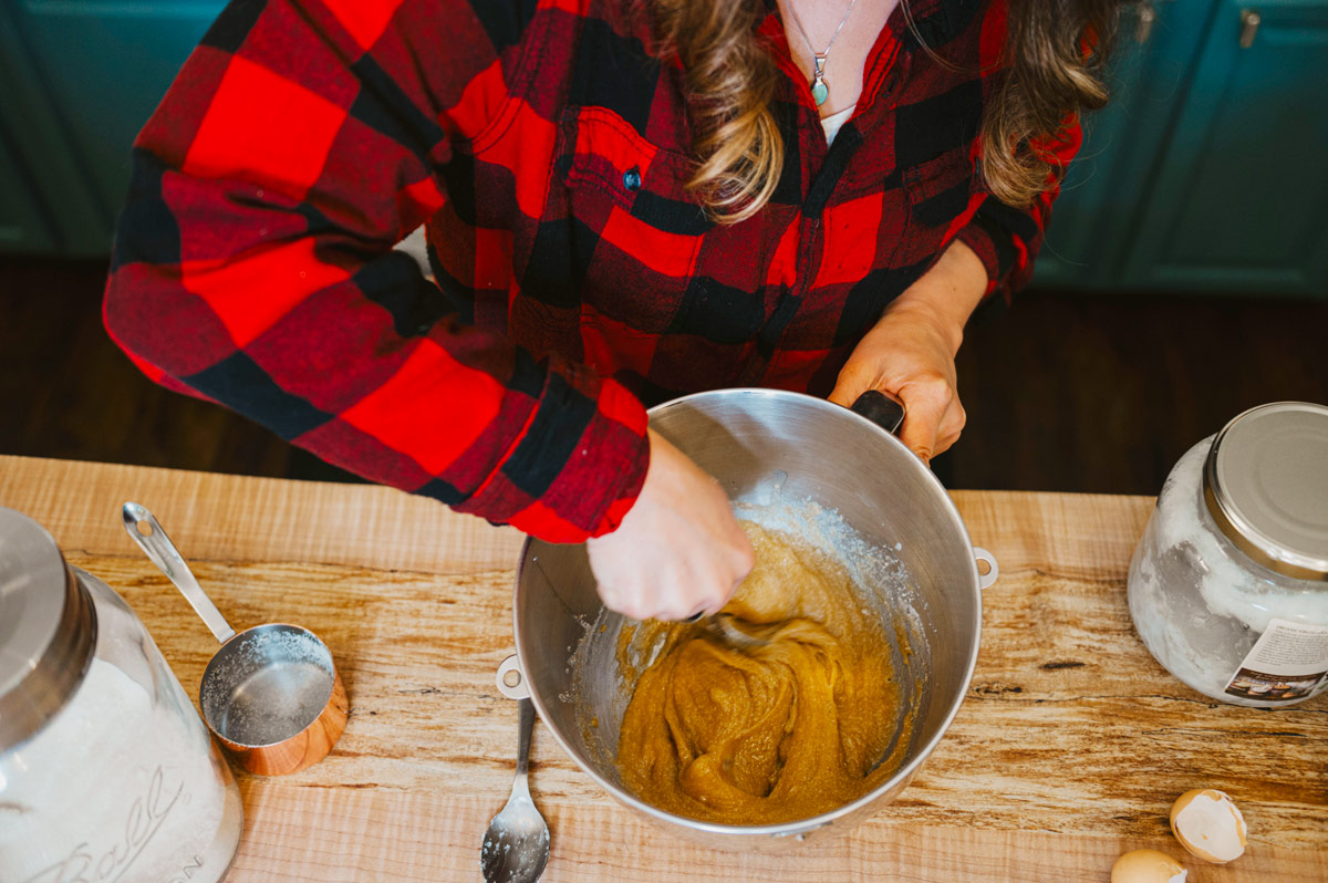 A woman mixing together chocolate chip cookie dough.