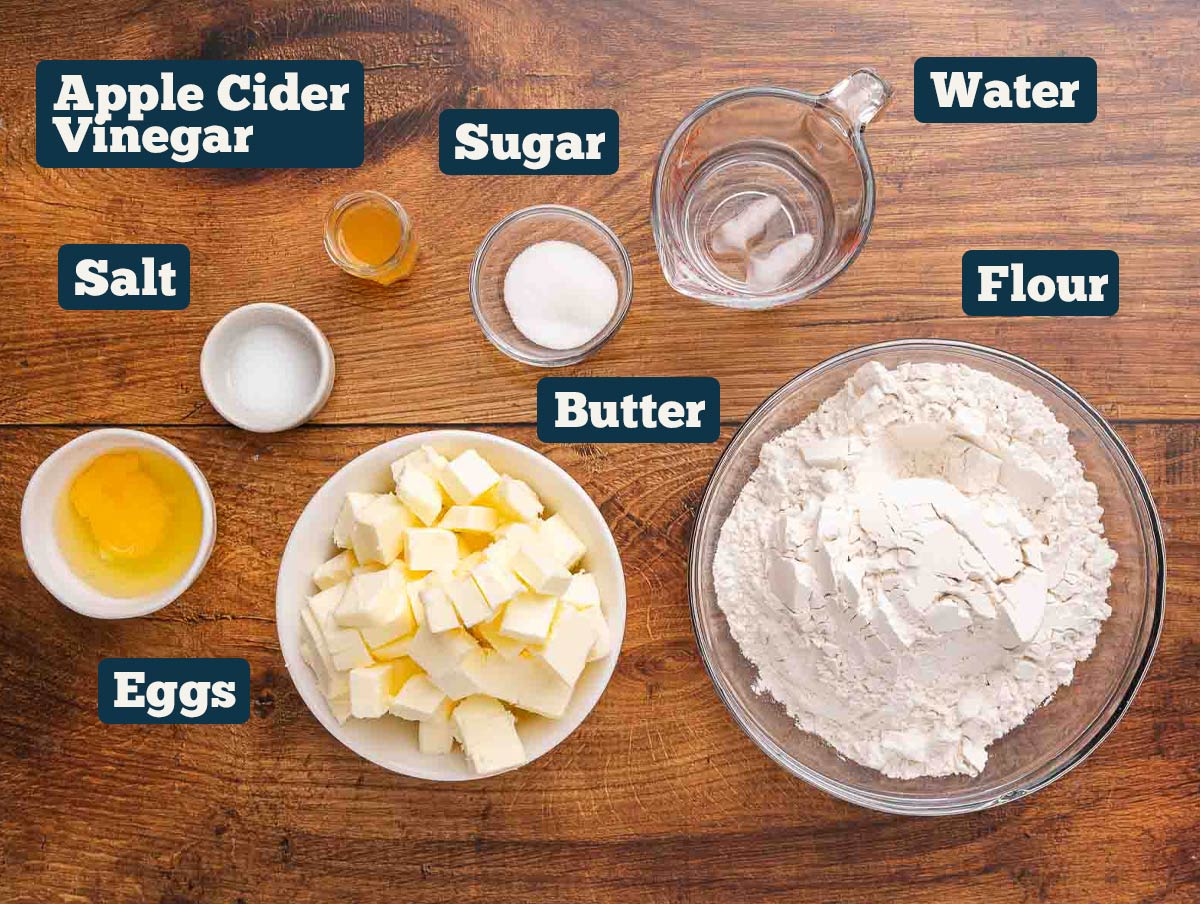 Flaky Pie Crust Ingredients: flour, ACV, egg, butter, water, sugar, and salt.