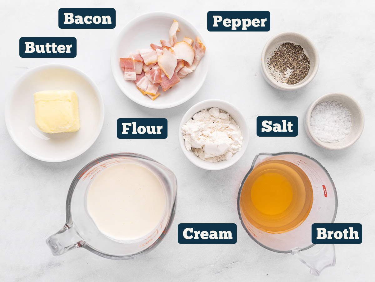 Ingredients in bowls for making cream of bacon soup.