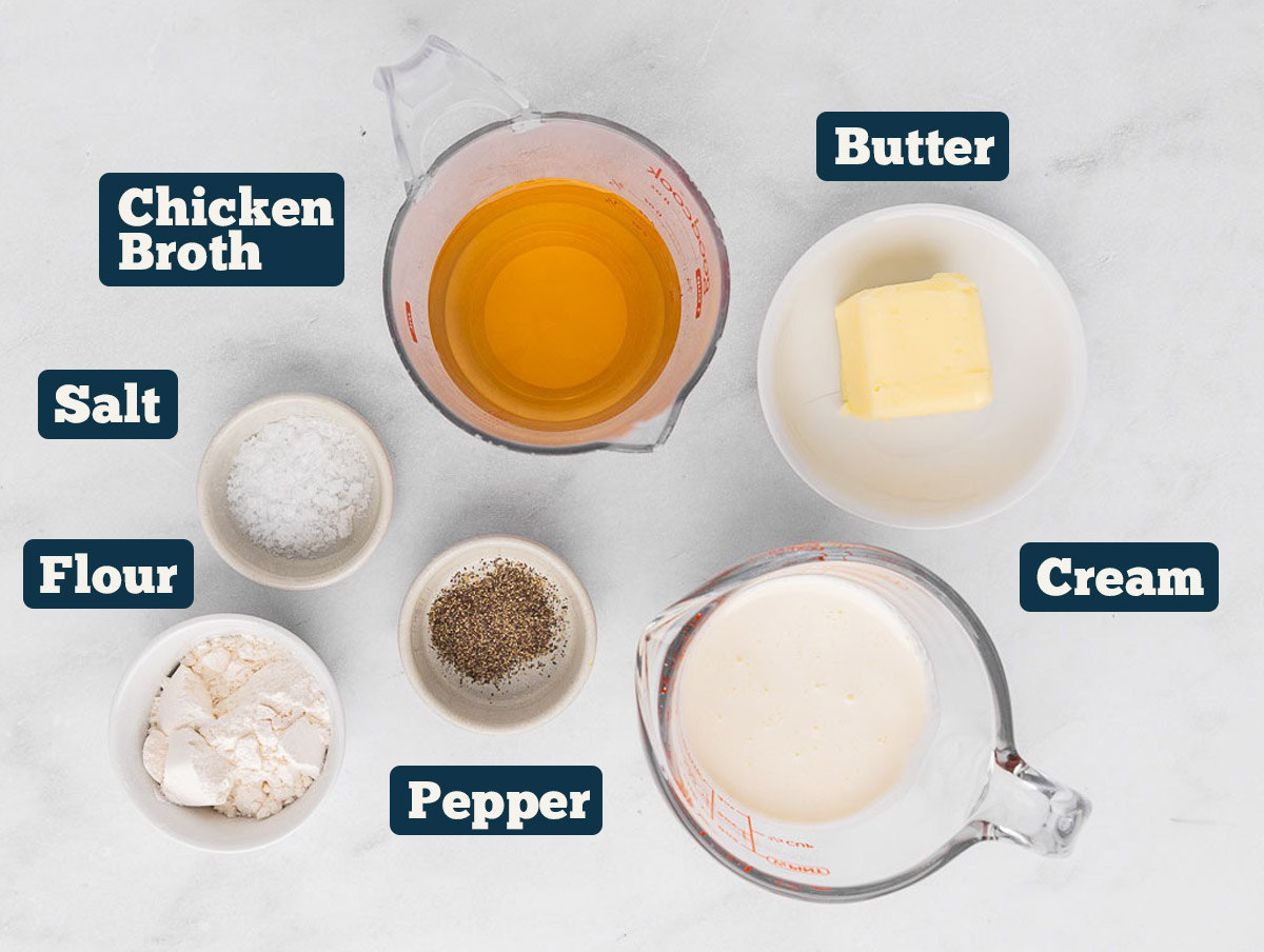 Ingredients in bowls for making cream of chicken soup.