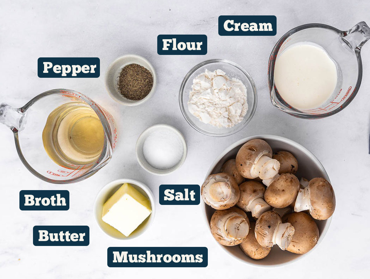 Ingredients in bowls for making cream of mushroom soup.
