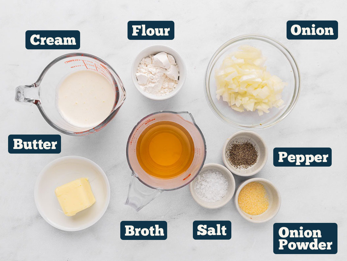Ingredients in bowls to make cream of onion soup.