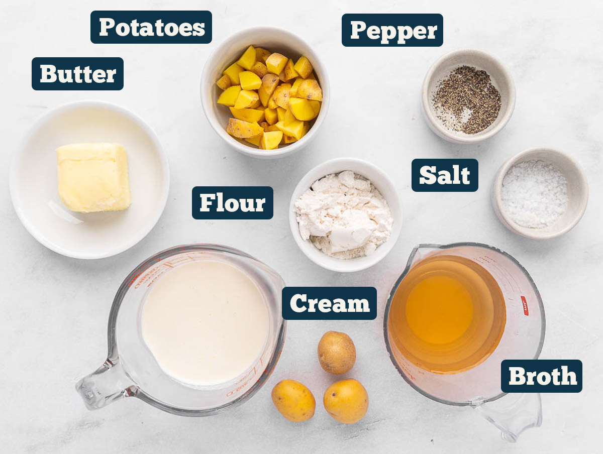 Ingredients in bowls for making cream of potato soup.