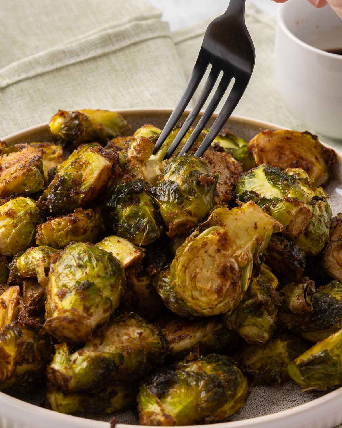 Honey Balsamic Brussel Sprouts on a white plate.