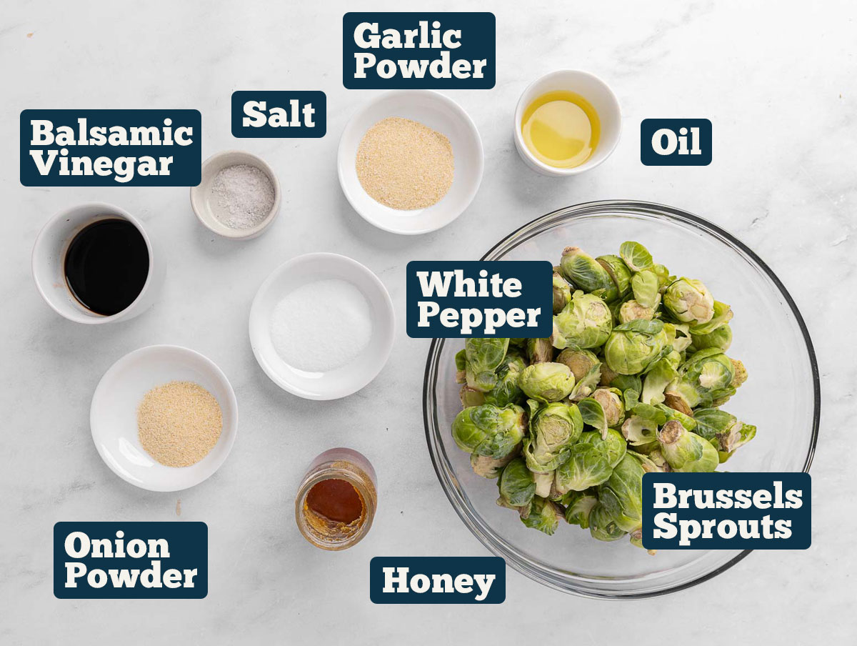 Ingredients for honey balsamic brussel sprouts.