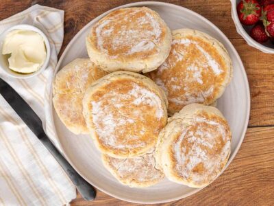 Potato bannocks on a white plate.
