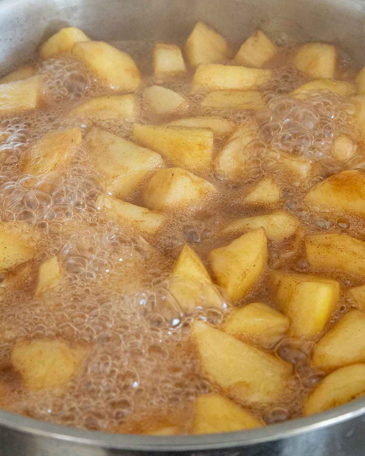 Apples, water, cinnamon, cloves, and ACV simmering in a saucepan.