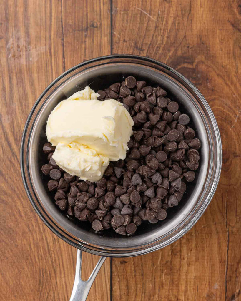 Butter and chocolate chips melting in a double boiler.