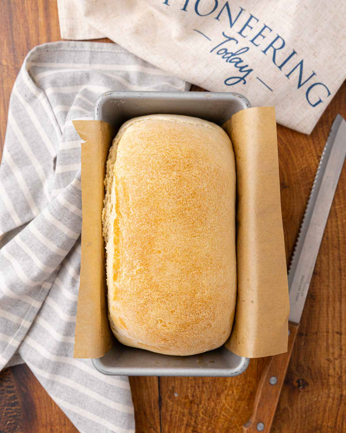 Overhead view of a finished loaf of sourdough sandwich bread.