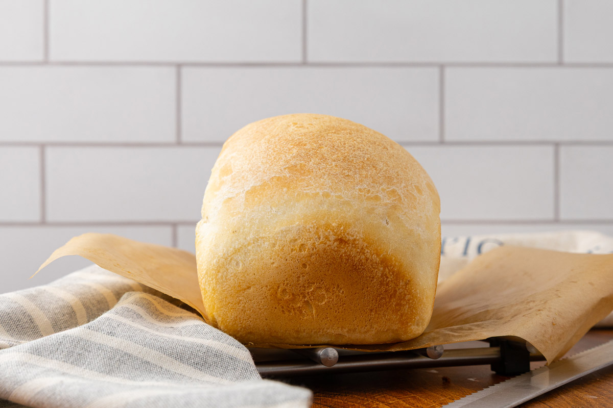 Finished loaf of sourdough sandwich bread.