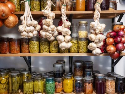 A pantry filled with home canned and home-grown food.