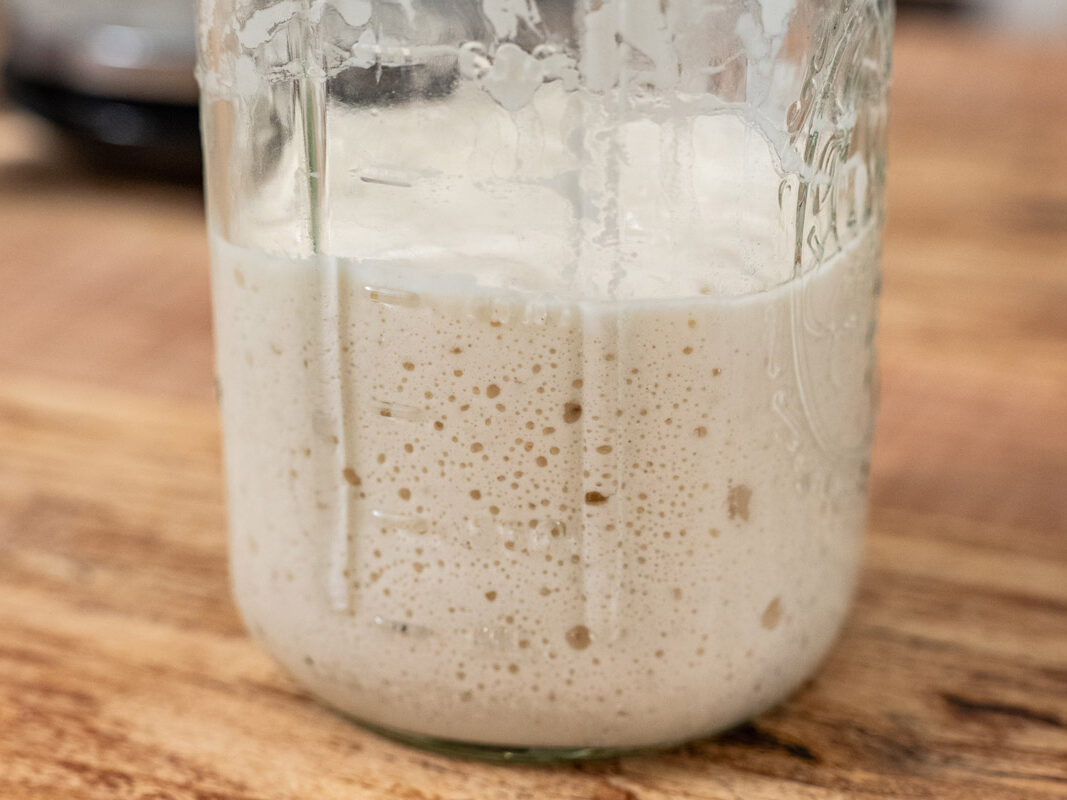 A bubbly jar of sourdough starter.
