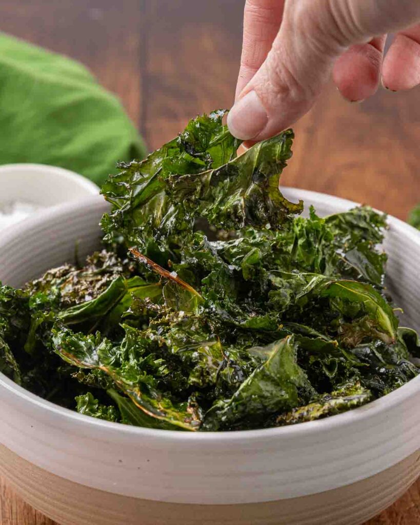 A hand holding a baked kale chip to show texture.