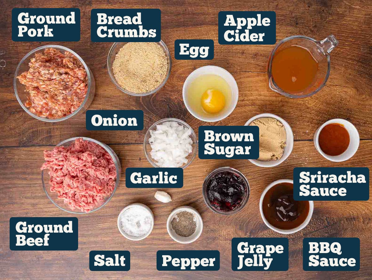 Cocktail meatball ingredients: ground pork, ground beef, breadcrumbs, apple cider, egg, onion, garlic, brown sugar, sriracha sauce, BBQ sauce, grape jelly, pepper and salt.