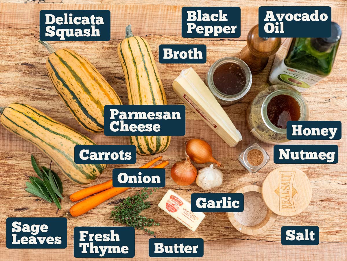 Ingredients to make homemade Delicata squash soup.
