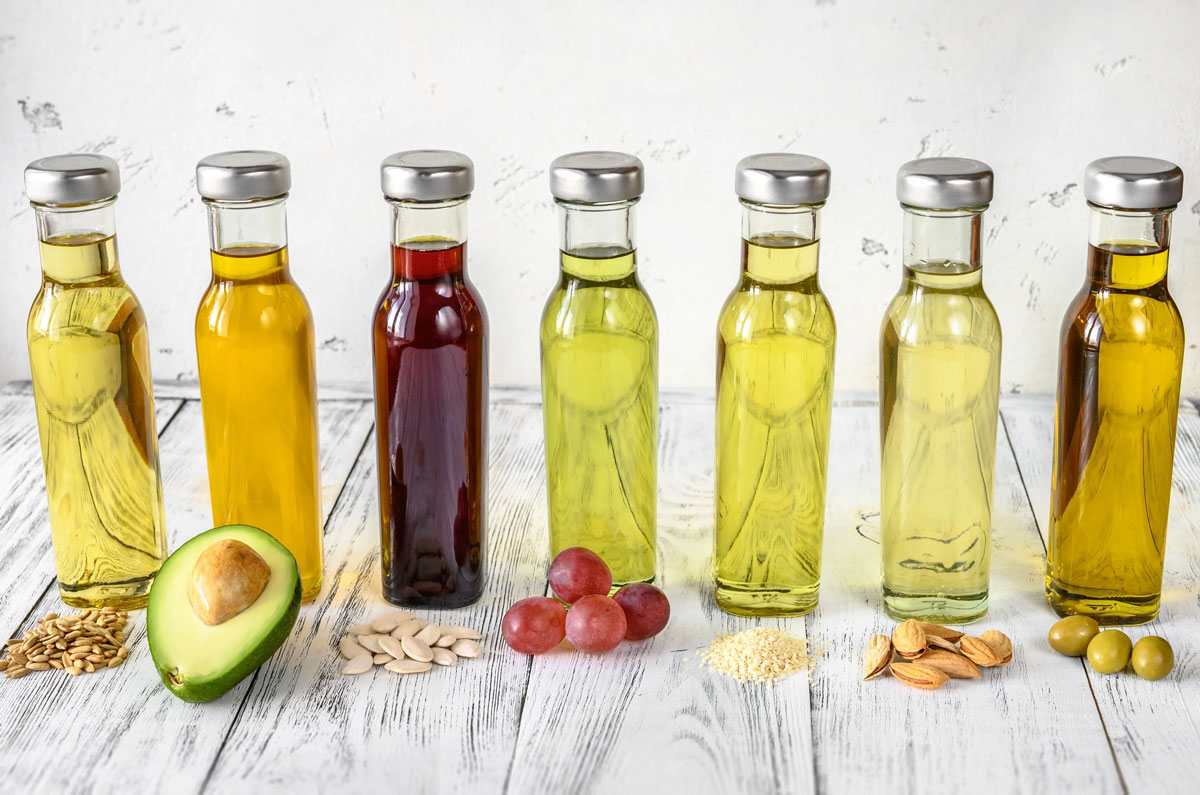 Cooking oils in glass bottles.